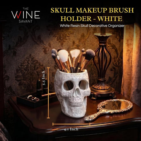 Skull Makeup Brush, Candy Bowl & Pen Holder, Bowl, Spooky Goth Decorations, Extra Large, Strong Resin, Skeleton Skulls