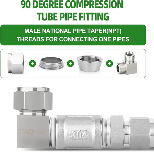 TAISHER 2PCS 304 Stainless Steel Square 90 Degree Compression Tube Pipe Fitting Connector, 3/4" Tube OD x 1/2" NPT Male
