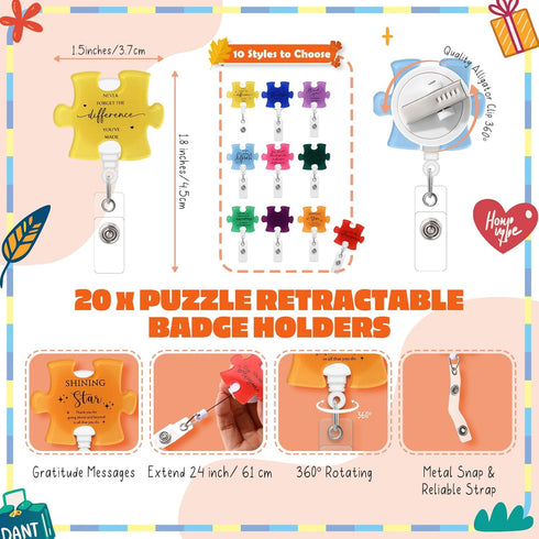 ReliThick 20 Set (10 Employee Appreciation Gifts Bulk, Puzzle Badge Reel with Thank You Cards, Retractable ID Badge