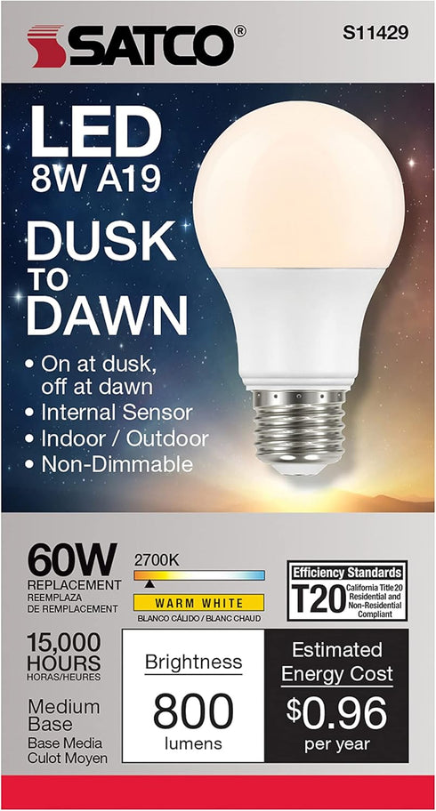S11429 A19 Bulb, 60W 2700K, Satco Dusk to Dawn LED Light Replacement, Frosted