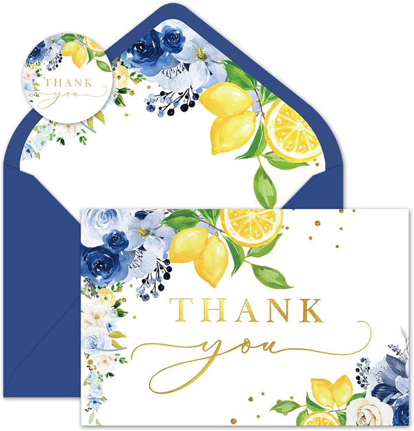 Whaline Blue Lemon Floral Thank You Cards Bulk Watercolor Flower Lemon Thank