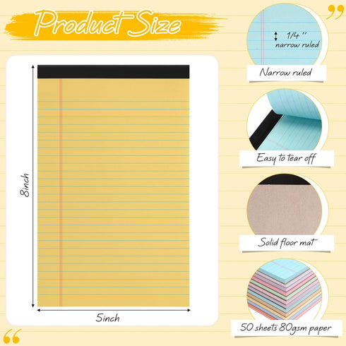 Fuutreo 12 Pcs Legal Pad Writing Notepads, 5" x 8", 50 Sheets/Pad, Narrow Ruled, Multicolor Lined Note Pad for School