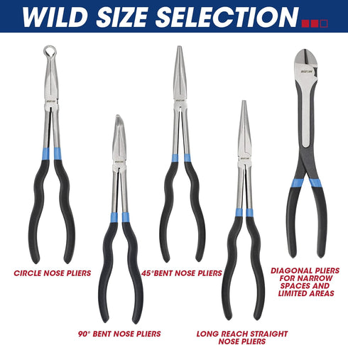 5-Piece 11 Inch Set, Set, 45&90 RIZOM Long Needle Nose Pliers Extra Long Reach Pliers Bent Needle Nose Pliers, Circle