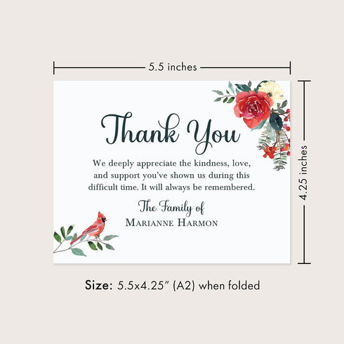 5.5" 4.25" Folded Sympathy Thank You Cards - Cardinal & Red Floral Watercolor Design, Personalized Nature Memorial