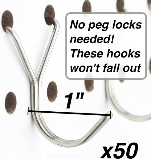 Stainless Steel Pegboard Hooks 50-Pack, 1in J-Hook, Multipurpose for Organizing Necklaces, Jewelry, Craft Supplies