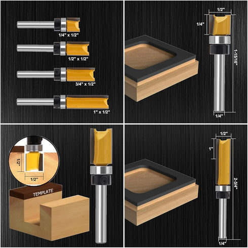 Set Bit-1/4 Inch Shank-4 Flush Trim Router for Woodworking - Cabinet, Rabbeting, Tongue & Groove(Router pcs Straight)