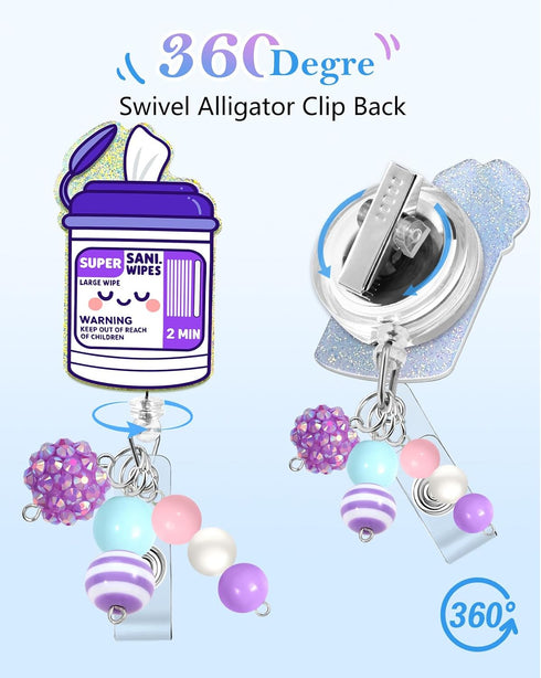 Besoar Nurse Badge Reel Retractable - Cute Sani Wipes Badge Reel Nursing, Beadable Badge Holder with Alligator Clip