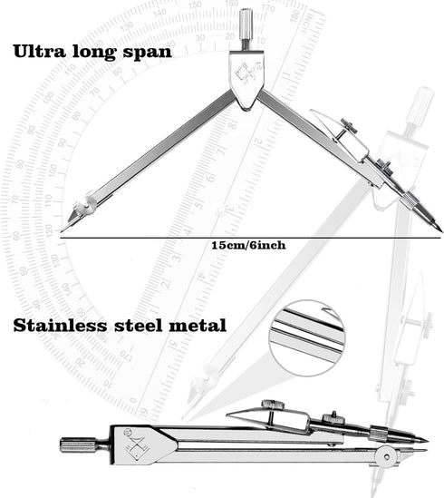 Tdfronien Set, 6 Inch 180 Students Geometry Math Drawing Compass and Transparent Swing arm Protractor Degree Math