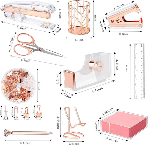 Rose Gold Office Supplies Set, Acrylic Stapler, Tape Holder, Scissors, Phone Holder, Ruler, 300 Notes & More