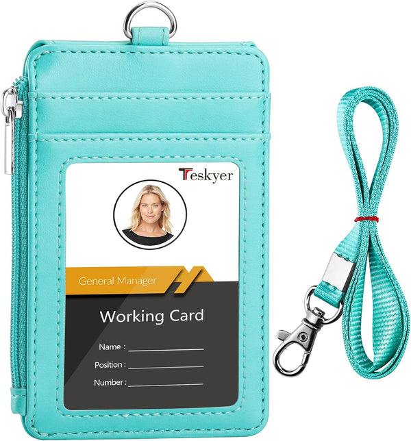 Teskyer Badge Holder with Side Zip Pocket, Leather ID Holder Wallet with Neck Lanyard for Office Staffs