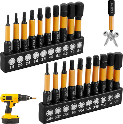 20Pcs Impact Hex Head Allen Wrench Drill Bit Set, SAE and Metric 1/4" Hex-Shank S2 Alloy Steel Kit