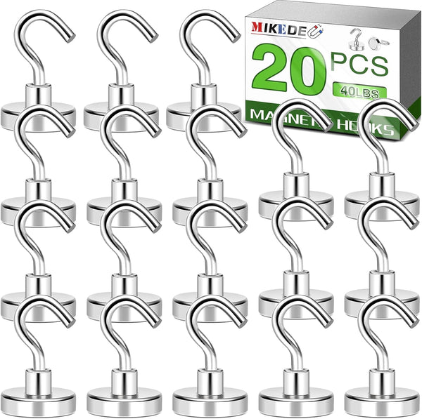 MIKEDE Heavy Duty Magnetic Hooks, 40lbs Earth Magnets with Rust Proof Metal Hooks for Classroom, Outdoor - Pack of 20