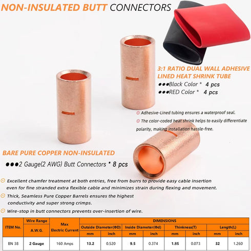 8 PCS 2 Gauge Non-Insulated Butt Connectors, 2 AWG Butt Splice Uninsulated Crimp Wire Connectors with Heat Shrink