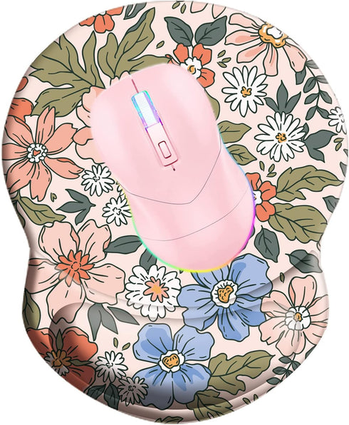 Wrist Support Mouse Pad with Non Slip Rubber Base, 8.75in X7.5in Small Mouse Mat for Home Office (Pink Floral)