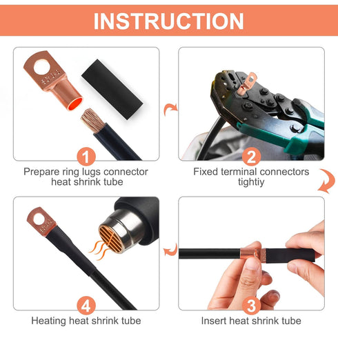Copper Wire Lugs Terminal Connectors, Used on AWG12 10 8 6 4 2 Cable, 30Pcs Battery Cable Lugs Ends and Heat Shrink