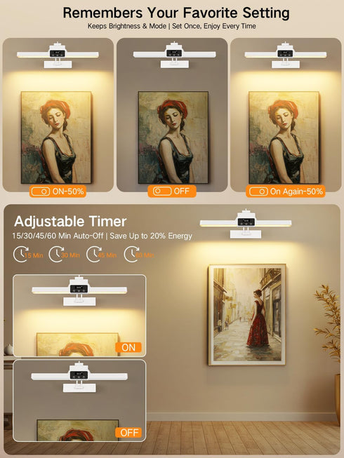 15.7" 3 Dimmable, OUTON Rechargeable Picture Light with Remote & Touch, Magnetic, Battery Operated, Color Temperatures