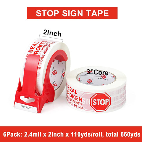 BOMEI PACK Stop Sign Sealing Tape, Pre-Printed Heavy Duty Packing Tape with Dispenser, 2 Inch x 110 Yards