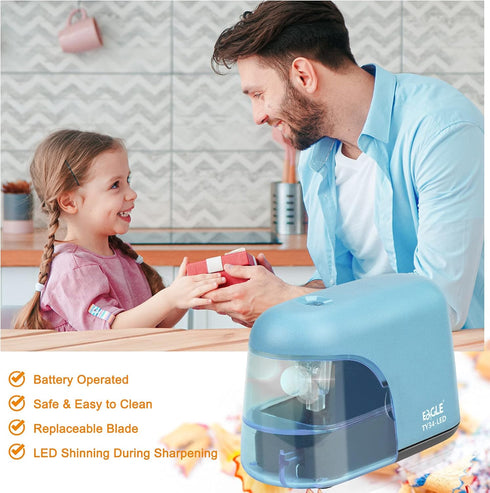 Eagle Electric Pencil Sharpener, Battery Powered with LED Light, Portable, Ideal for Kids and School Supplies (Blue)