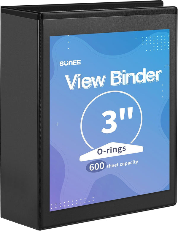 SUNEE Black 3 Ring Binder, 3 Inch, Clear View PVC-Free Binder for School or Office Supplies, Fits 8.5x11 Inches