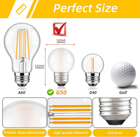 Dimmable E26 G16.5 Bulb 40W 4W Bulbs,Small Bulbs Bulb 2700K 400LM,Pack 2 LED Light Equal Frosted Globe Light Round