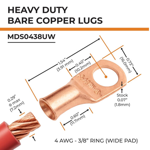 SELTERM 25pcs 4 AWG 3/8" Stud Battery Lugs, Heavy Duty Copper Wire Ring Terminals, UL Bare Copper Eyelets