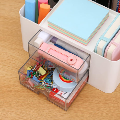 LETURE Desk Organizer with 2 Drawer - Plastic Desktop Pen Pencil Card Holder for Office Supplies, White