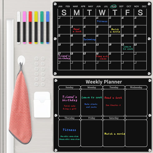 Magnetic Acrylic Monthly and Weekly Calendar for Fridge, Black Dry Erase Planning Board with 6 Colorful Markers and Pen
