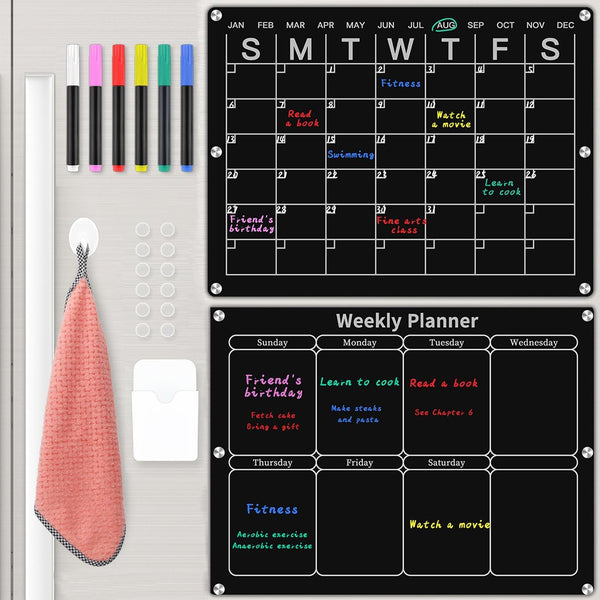 Magnetic Acrylic Monthly and Weekly Calendar for Fridge, Black Dry Erase Planning Board with 6 Colorful Markers and Pen