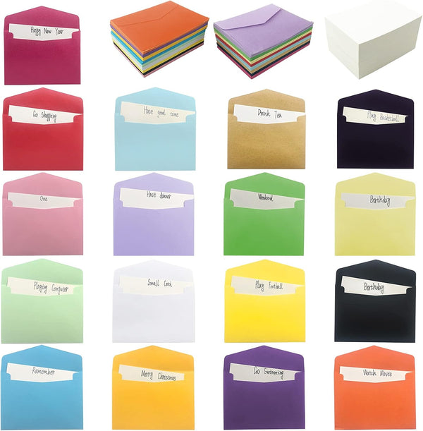 VANRA 170 Sets Small Blank Cards with Colorful Envelopes, White Note Cards Mini Envelopes Set, 17 Assorted Colored