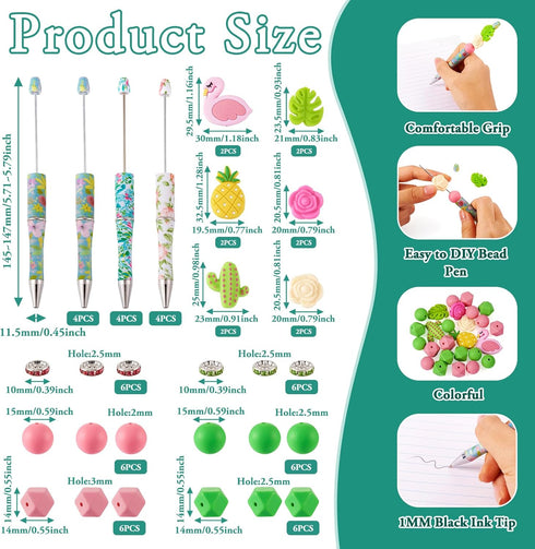 Beadthoven 12pcs DIY Beadable Pens, Hawaiian Flower Plastic Bead Pens with 48pcs Assorted Boho Tropical Summer Flamingo Pineapple Beads Pen Making Kit Black Ink Ballpoint Pens for Office School Gifts by BB Beadthoven