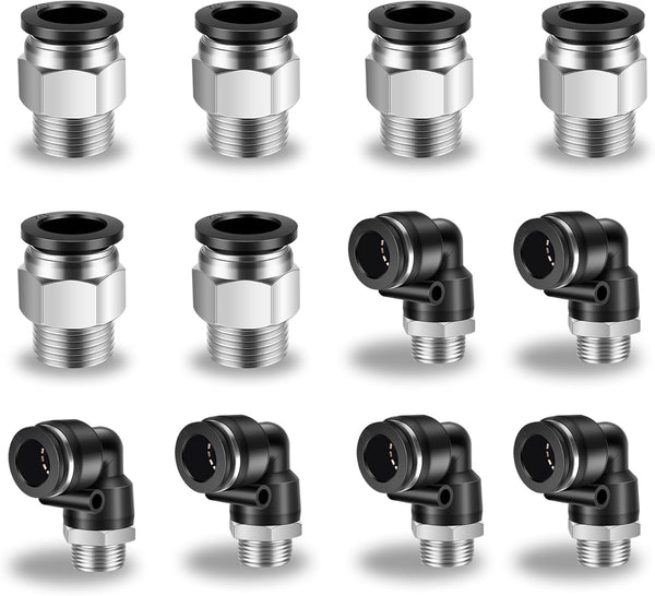 12 Pcs Push to Connect Fittings 1/2 Inch Tube OD x 3/8 Inch NPT Thread Pneumatic Male Straight and Elbow Quick Connect
