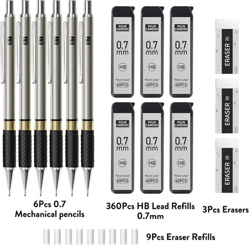 Four Candies Metal Mechanical Pencil Set - 6PCS 0.7mm Art Pencils & 360PCS HB Lead Refills & 3PCS Erasers