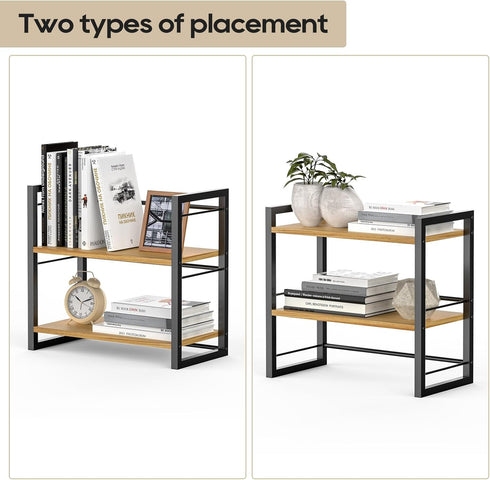 Office Desk Shelf Organizer, Wood Desktop Bookshelf Supplies Storage Rack, 2 Tier Shelf for Desk and Dresser (Black)