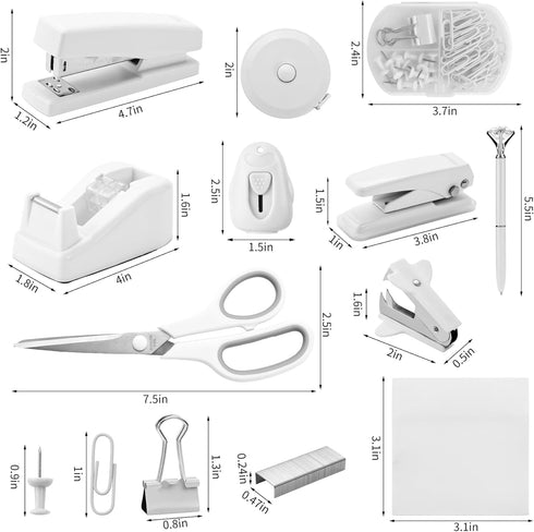 White Desk Accessory Kit Cute Office Supplies Set Desktop Stapler Set includes Staple Remover Hole Punch Tape Dispenser Ballpoint Pen Scissor Mini Box Cutter Tape Measure Paper Clips Sticky Notes by Kogcmeetl