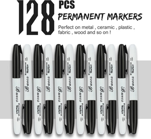 Permanent Markers, 128 Count Black Permanent Markers, Fine Point, Waterproof & Smear Proof Markers, Quick Drying, Office Supplies for School, Office, Home by Buecs