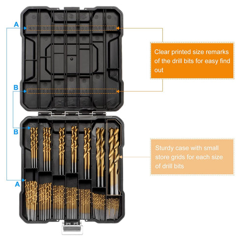 uxcell 99pcs Titanium Twist Drill Bit Set, 14 Sizes for Hardened Metal, Stainless Steel, Wood, with Case