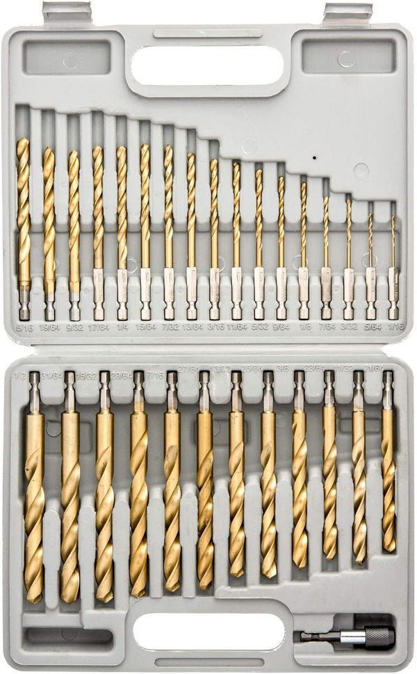 TOOLUXE 10055L Hex Shank Drill Bit Set, 30 Pc, Titanium Coated Metal Bits