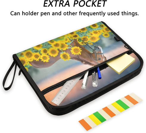 Horse Sunflowers Field Accordion Document Files Organizer, 13 Pockets, Yellow Floral Expanding File Folder for A4