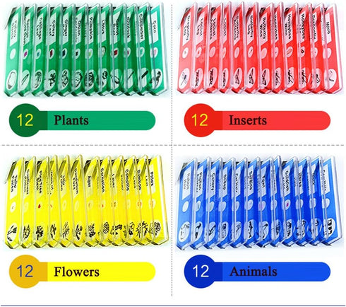 Prepared Microscope Slides for Kids, 48pcs Plastic Animals Insects Plants Flowers Sample Specimens for Homeschooling