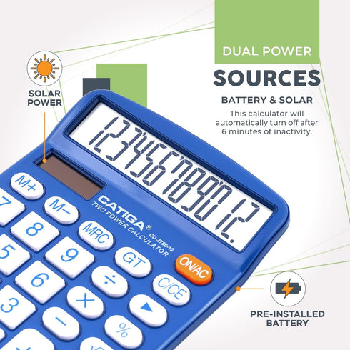 CATIGA Desktop Calculator 12 Digit with Large LCD Display, Solar and Battery Dual Power for Office