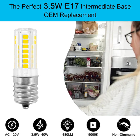 E17 Intermediate LED 3.5W Fridge Light Bulb Replacement Compatible with Kenmore Refrigerator 480LM 110V-130V Daylight White 5000K, Fit for Frigidaire Freezer Lamp Microwave Over Stove Bulb, Pack of 2 by TZLONMFG