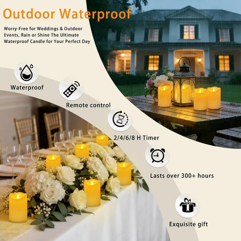 Haown 3D Set 2 (D3 H6) Outdoor Flameless Candles, Patented Dual-LED, of Slanted Plastic Pillars with Remote, Waterproof