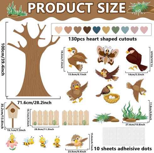 Boho Classroom Tree Bulletin Board Set with 3D Heart Shape Cutouts for School Teacher Wall Decor