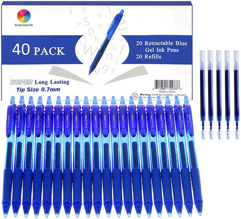 ChicRosa 40 Pack Blue Gel Pens, Retractable Medium Point for Smooth Writing, Comfort Grip for School Office Home