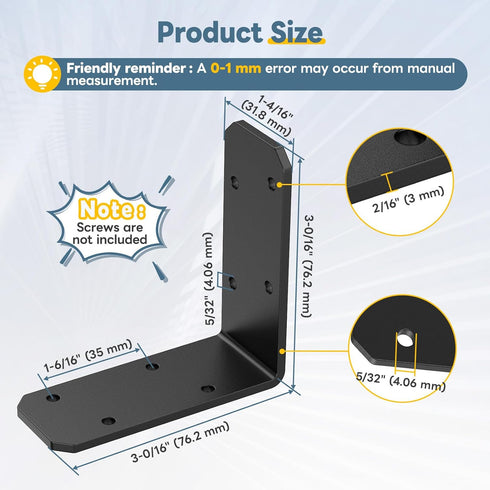 3"3"1.2" 90 (Black-8PCS) L Bracket for Wood, Degree Angle Bracket, Galvanized Corner Brace for Wood Post, Floating
