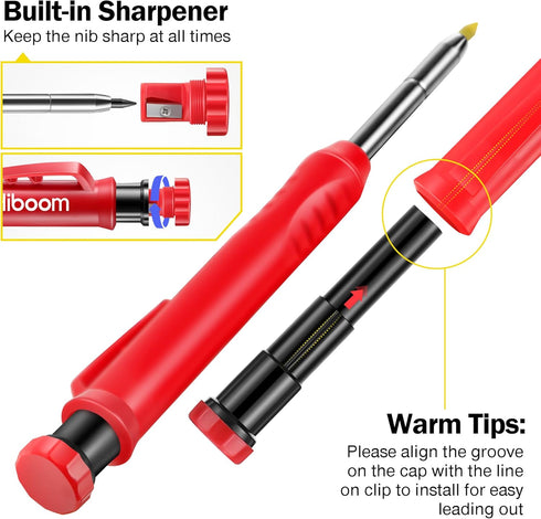 Hiboom 3 Pack Solid Carpenter Pencil with 21 Refill, Long Nosed Mechanical Pencil Marker with Built-in Sharpener,