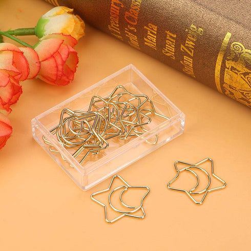 Golden Paper Clips, 10Pcs Funny Bookmark Marking Clips with Storage Case, Plastic Coated Electroplating Star Moon for