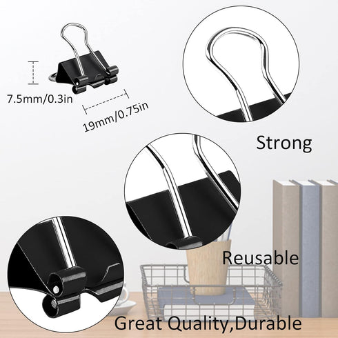 JANYUN 150Pcs Small Binder Clips 19mm/0.75 Inch Metal Paper Clamps for Office School Home Supplies (Black)
