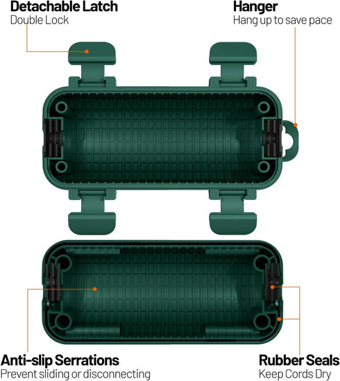 2 Pack Waterproof Extension Cord Cover, Outdoor Cord Connection Protector with 4 Removable Latches, Green