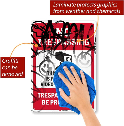 SmartSign 14 x 10 inch “No Trespassing” Metal Sign - Property Protected by Surveillance, Red, Black and White